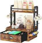Homeiju Coffee Station Organizer, 40 Coffee Pods Storage & 8 Mug Hooks,Nespresso Pods Holder, Space-Saving Countertop Storage, Rustic Brown
