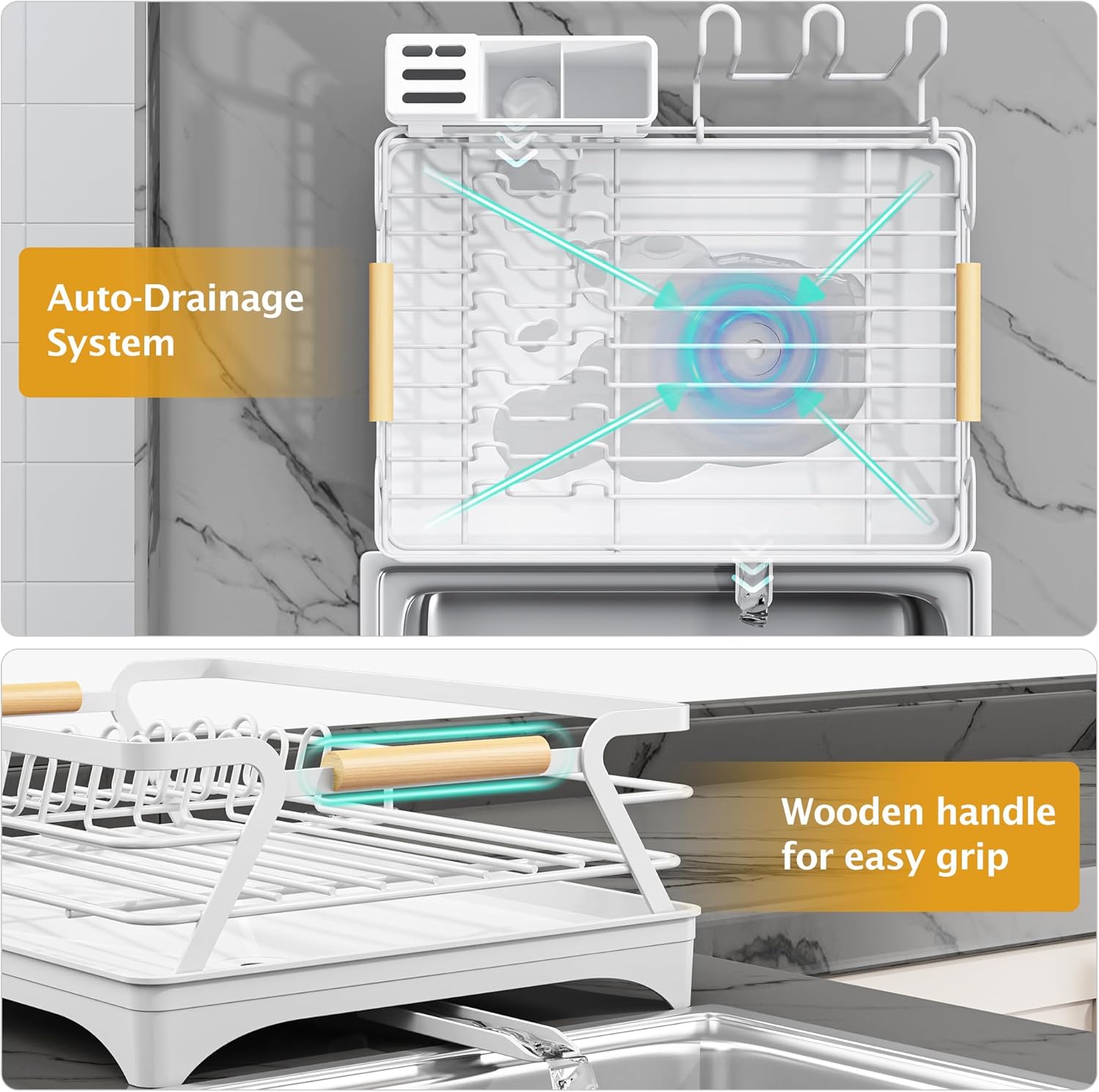 Epicano Dish Drying Rack for Kitchen Counter,Space-Saving Dish Rack,Rustproof Dish Drainer with Utensil Holder and Knife Slots for Sink,Kitchen Drying Rack with Wooden Handle and Cup Holder,White