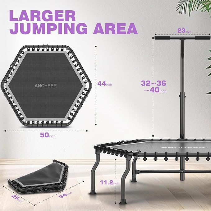 ANCHEER 50" Rebounder Trampoline for Adults- 2025 Foldable Mini Trampoline with Bar- Exercise Trampoline for Adults, Max Load 450lbs/550lbs, for Indoor/Garden Workout