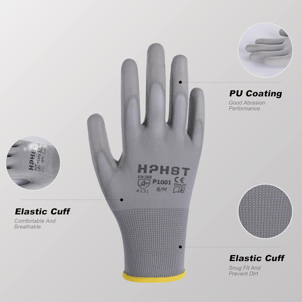 PU Coated Safety Work Gloves, 12 Pairs Work Gloves Mechanic Working Seamless Knit Glove with Polyurethane Coated Smooth