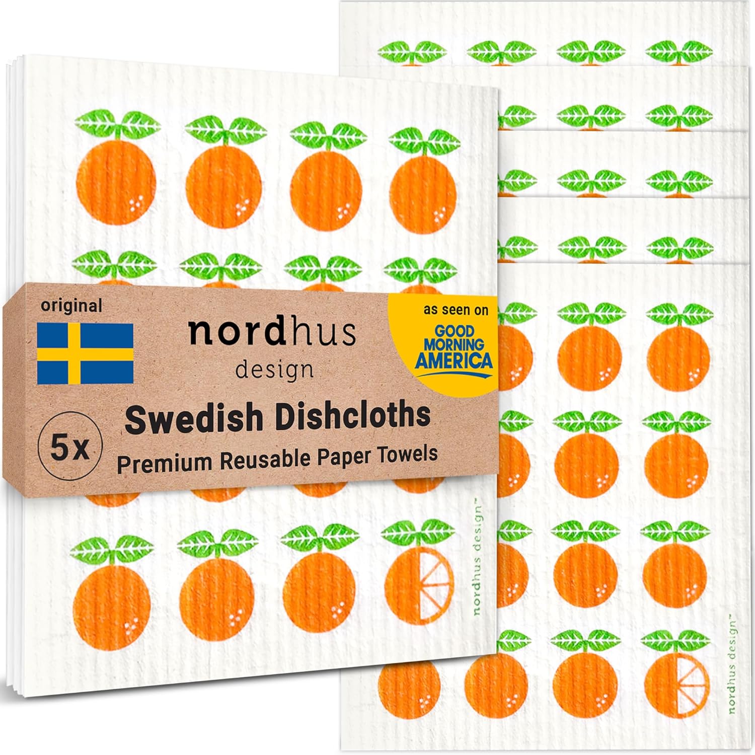 Nordhus Design Swedish Dishcloths, 5 Pack Oranges, Made in Sweden - Reusable, Washable Cellulose Cotton Kitchen Cloths - Replace Paper Towels, Wipes, Sponges, Dish Rags