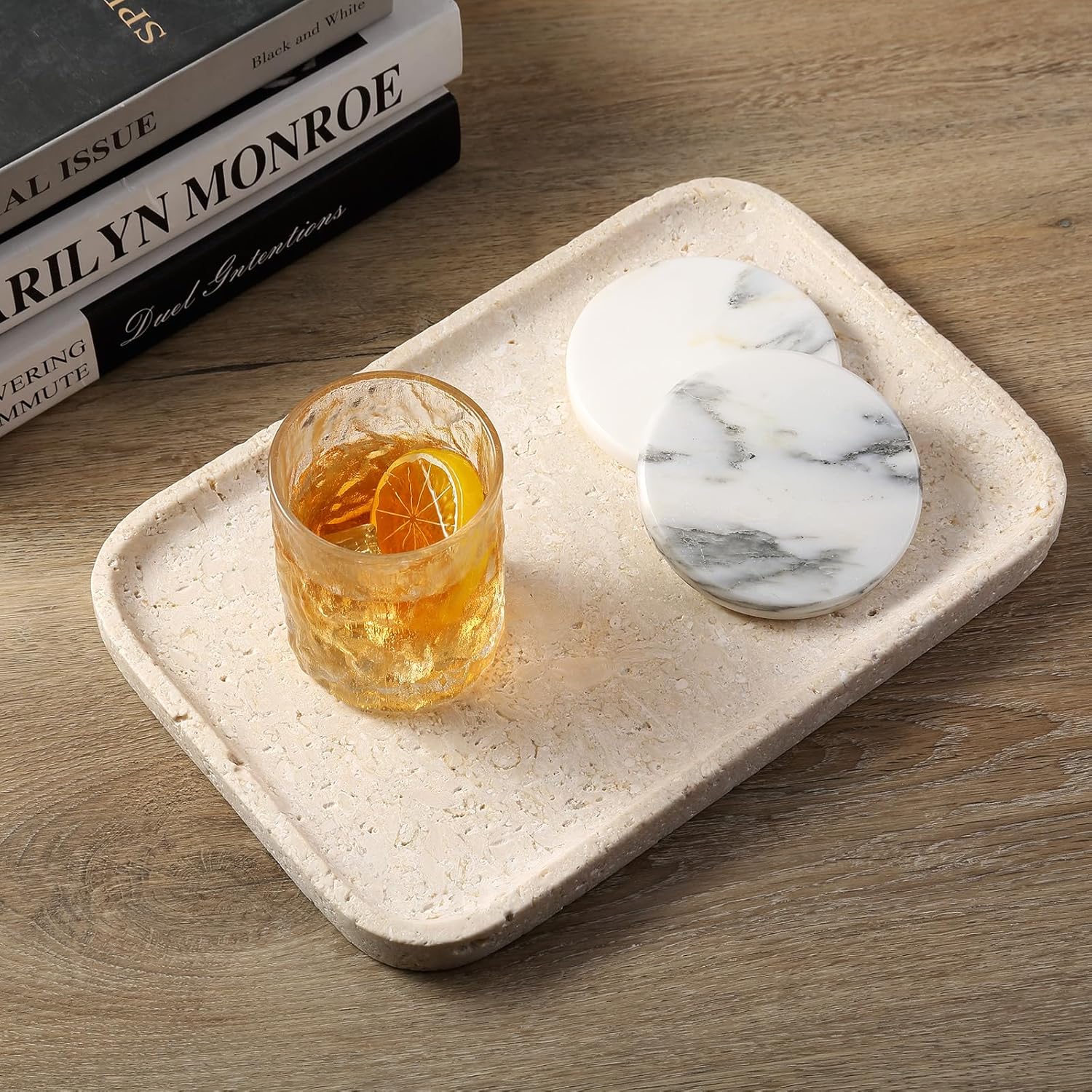 Natural Marble Vanity Tray, 11.8" Marble/Stone Bathroom Tray Countertop, Beige Tray for Decor, Perfume Jewelry Holder, Storage/Organizer for Kitchen Sink
