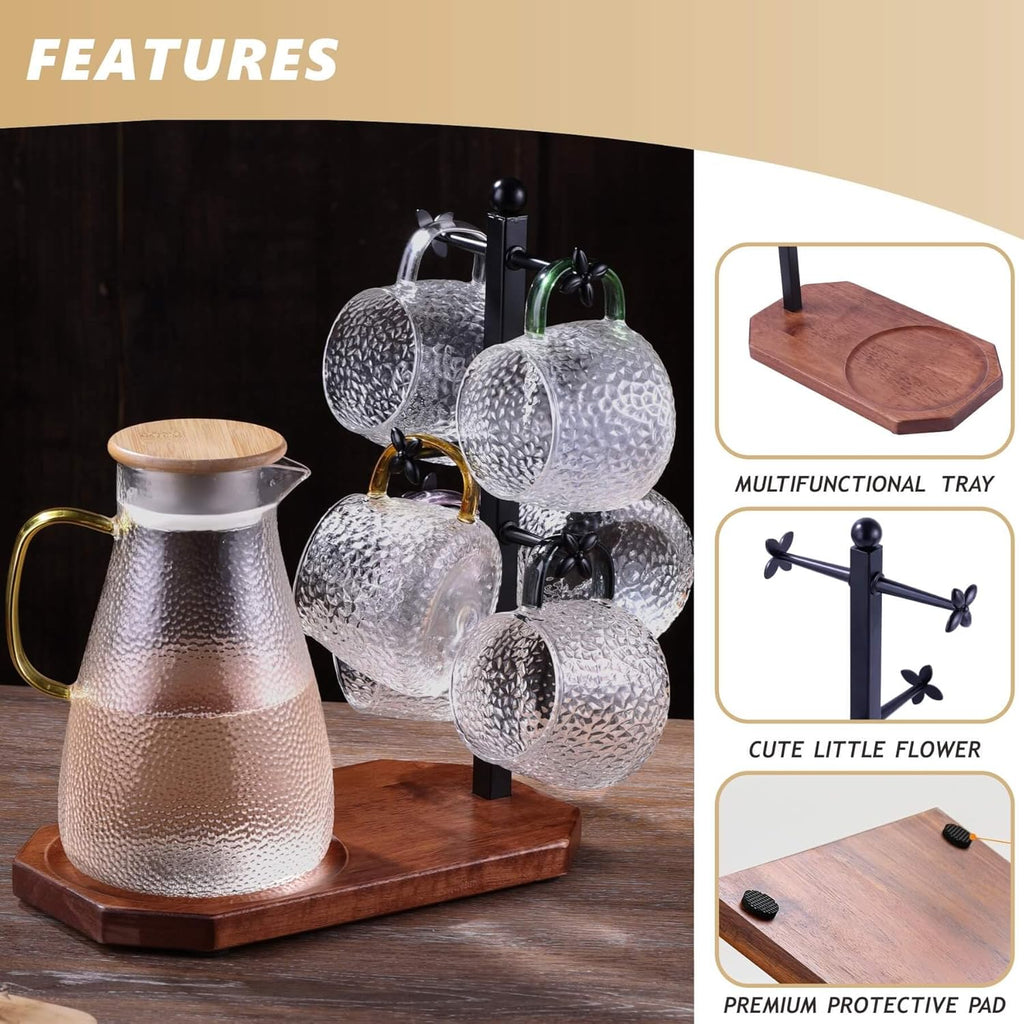 Mug Tree for Large Mugs With 6 Hooks and Coffee Pot Tray - Multi-Function Stand for Counter, Bar Accessory & Kitchen Organizer