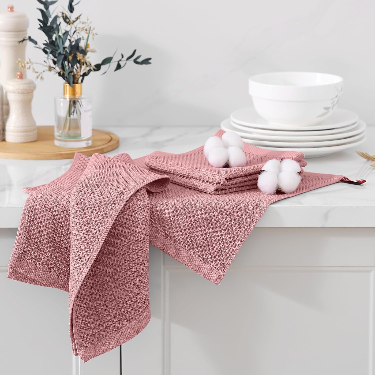Kitinjoy 100% Cotton Kitchen Dish Cloths (12 X 12 Inches, Dried Roses),6 Pack Waffle Weave Ultra Soft Absorbent Dish Towels for Drying Dishes Quick Drying Kitchen Towels Dish Rags