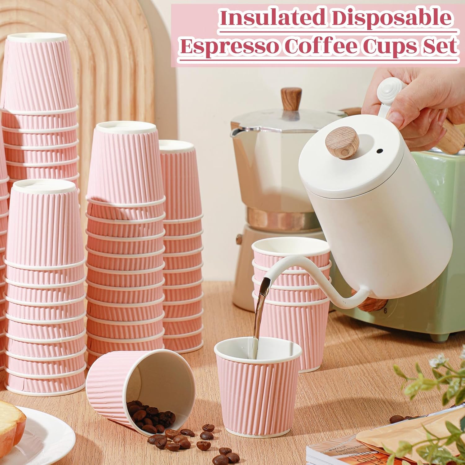 Yaomiao 200 Pcs 4 oz Disposable Espresso Coffee Cups Ripple Corrugated Paper Insulated Hot Cups for Party Cold Drinks Hot Beverage Tea(Pink)