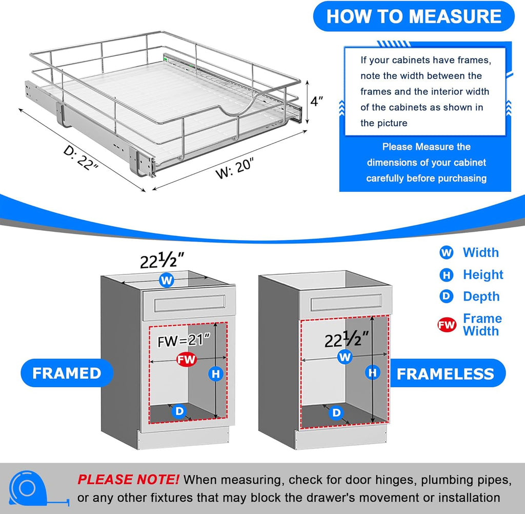 WelFurGeer Soft Close Slide Out Cabinet Shelf, 20" W x 22" D Pull Out Drawers for Kitchen Cabinets, Kitchen Shelf Organizer, Cupboard Organizers and Storage, Under Cabinet Pull Out Shelves