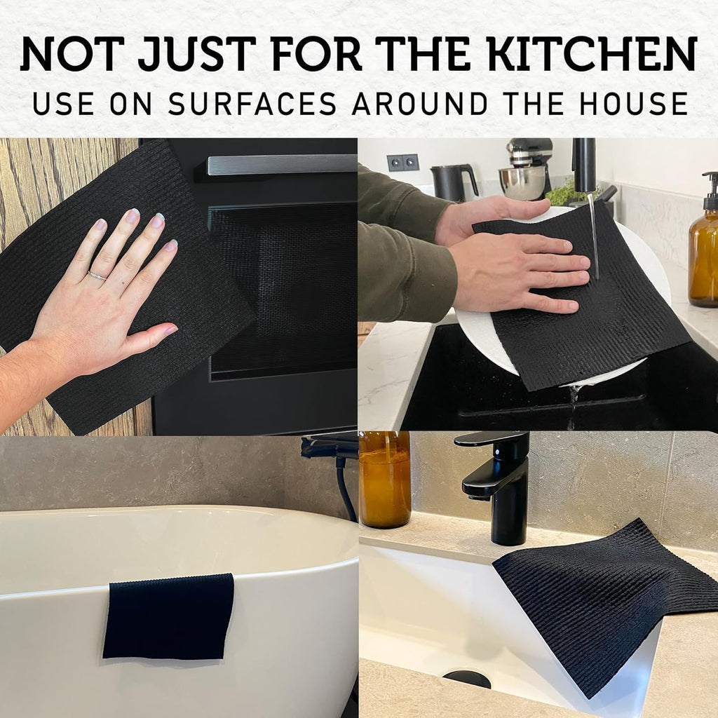 Nordhus Design Swedish Dishcloths, Black Charcoal/Dark Grey, 10-Pack, Reusable, Washable Cellulose Cotton Kitchen Cloths - Replace Paper Towels, Wipes, Sponges, Dish Rags
