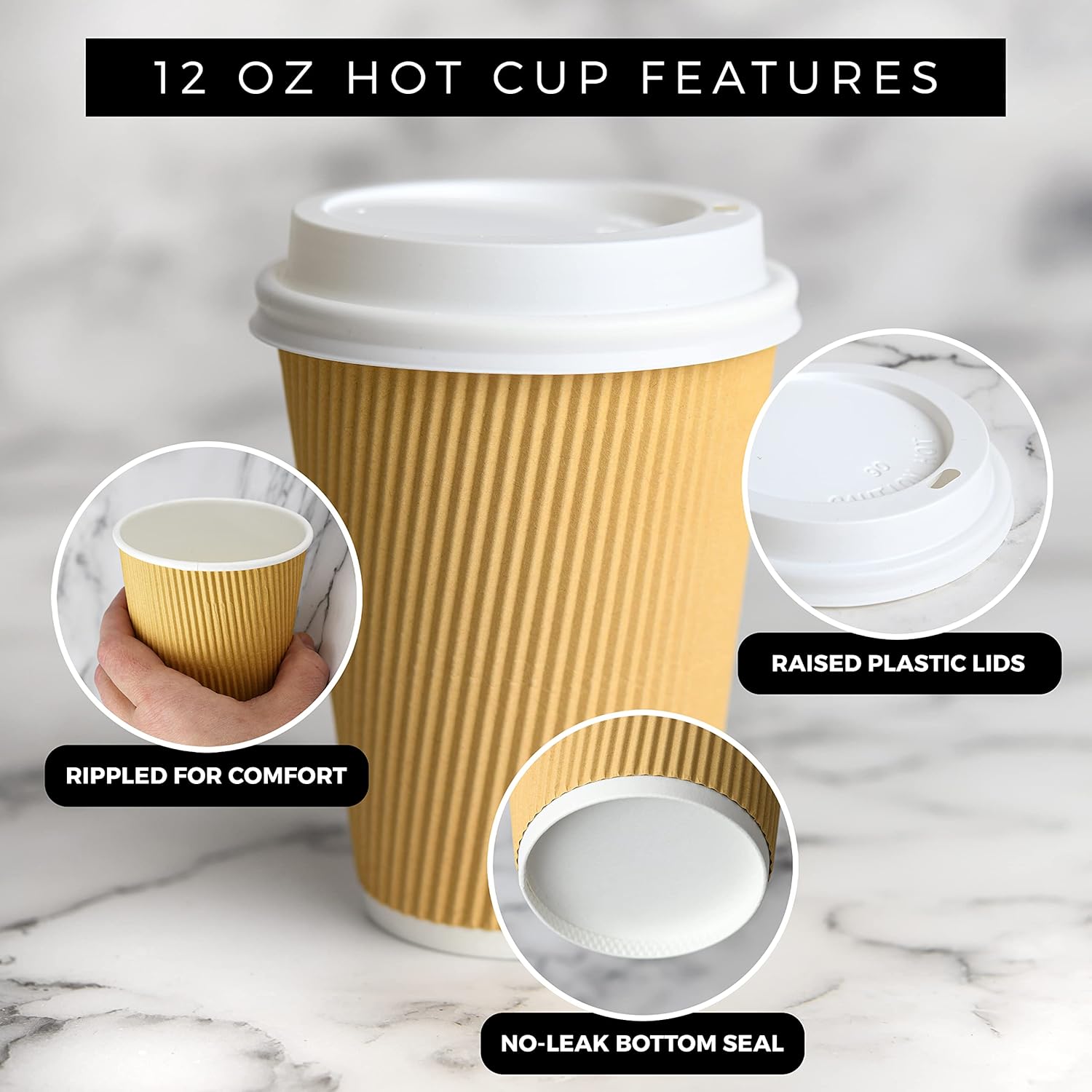 NYHI 100 12 oz Ripple Kraft Paper Cups Brown Hot Cold with Lids 3 Layer Rippled Small Insulated Disposable Coffee Cups for Cappuccino Hot Cocoa or Iced Drinks