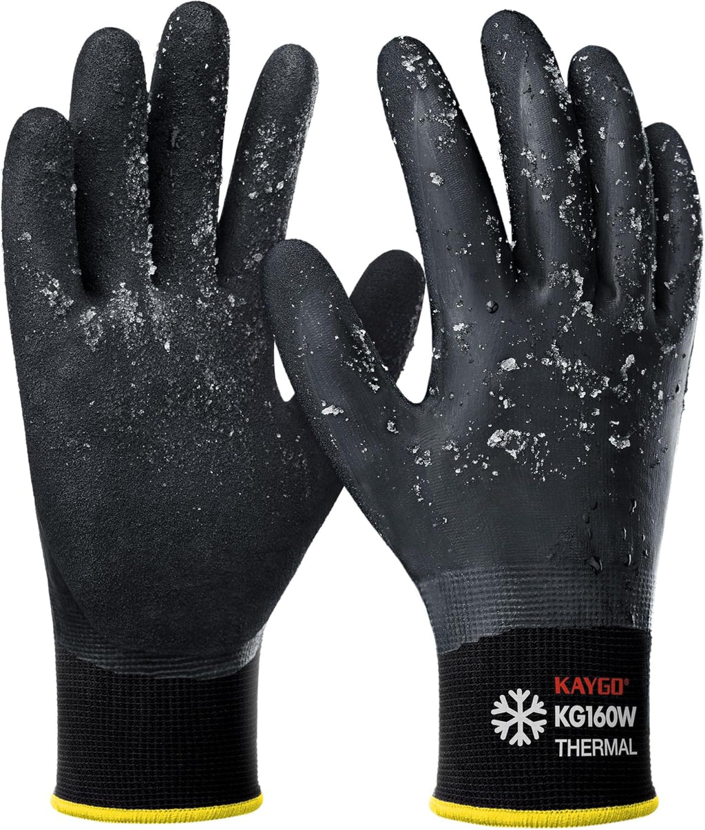KAYGO Winter Waterproof Work Gloves for Men and Women, 3 Pairs Thermal Insulated Freezer Rubber Coated Gloves,Super Grip,KG160, XL, Black