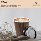 [100 SET]Harvest Pack 12 oz Disposable Coffee Cups, Insulated Ripple Double-Walled Paper Cups with Lids, Brown Geometric, Leak-Proof Drinking Cups for Tea Hot Chocolate Drinks To go coffee cups