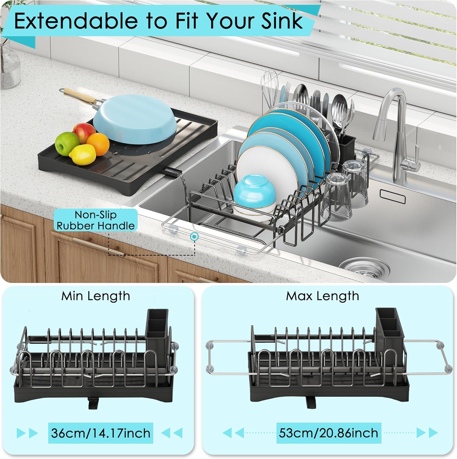 ANTOPY Dish Drying Rack in Sink, Expandable Rustproof Dish Rack for Kitchen Counter, Over The Sink Dish Drainer with Utensil Holder, Cup Rack, Drainboard, Space Saving Dish Dryer Rack for Inside Sink