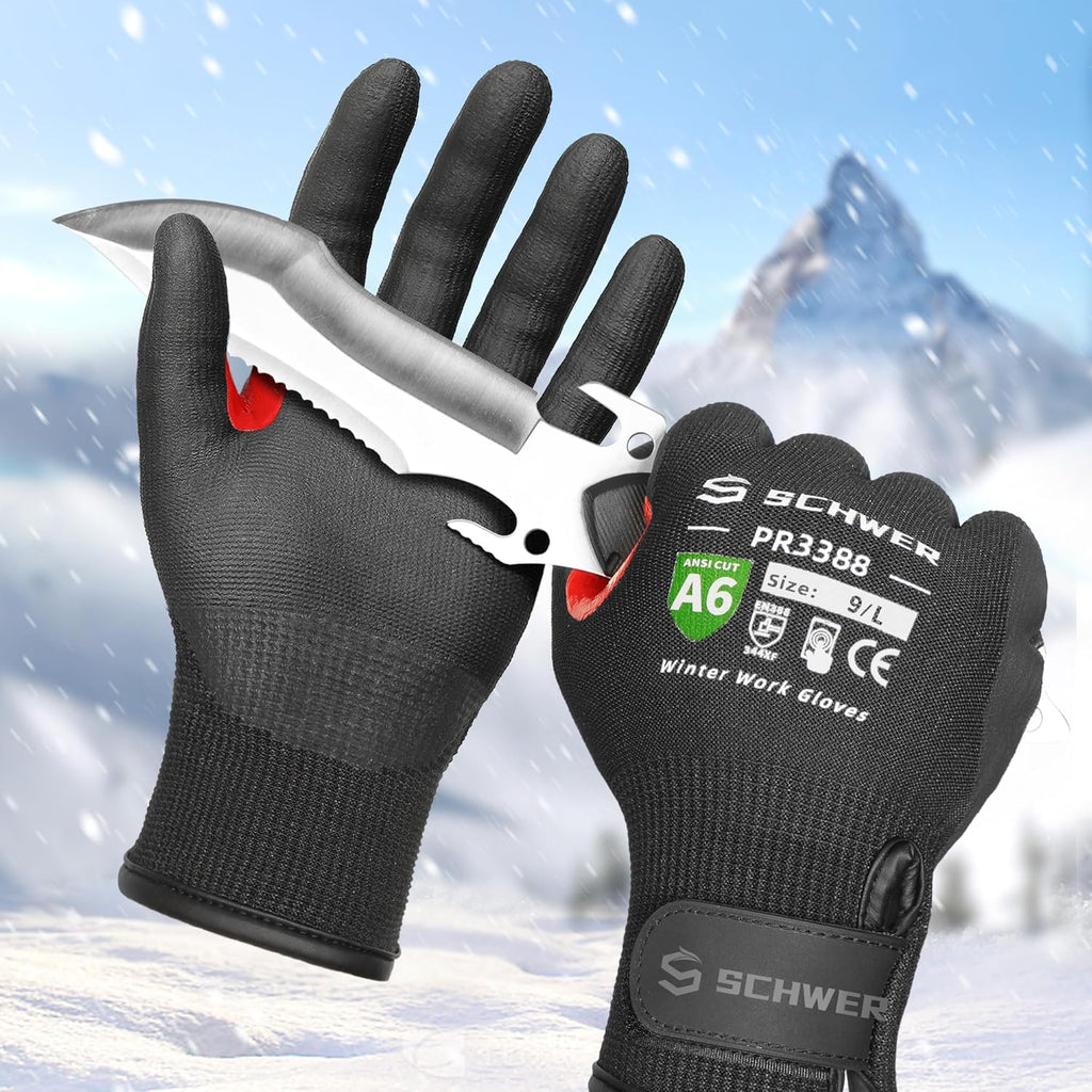 FreezeGuard Winter Work Gloves for Men and Women, ANSI A6 Cut Resistant Gloves With Super Grip, Freezer Glove for Work, Touchscreen, Thermal Insulated, Non PFAS, PR3388, Black Knight (L, 2 Pairs)