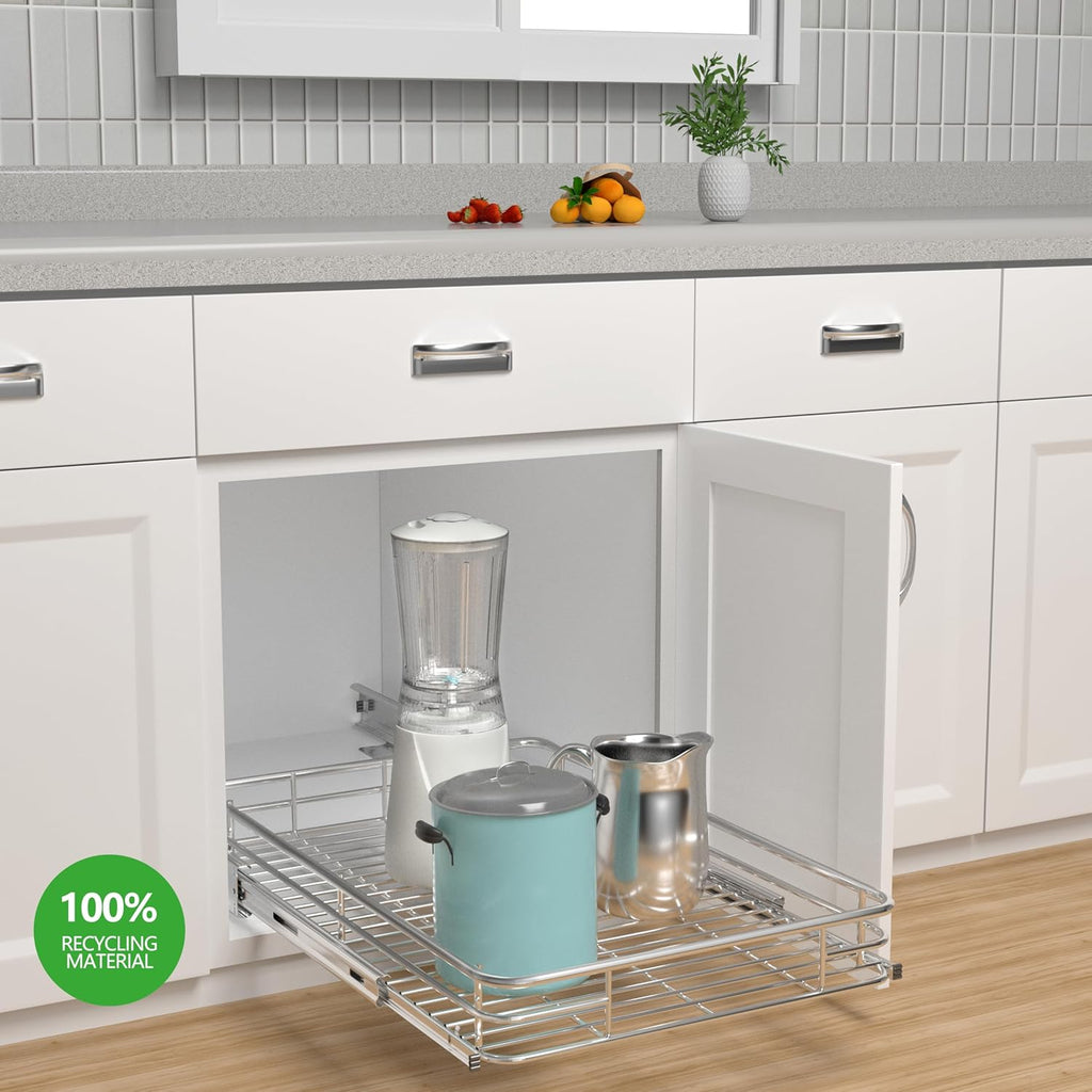 Pull Out Cabinet Organizer (22"W x 21"D), Slide Out Shelves for Kitchen Cabinets, Pull Out Drawers Heavy-Duty Metal Rolling Shelf, Chrome Finish