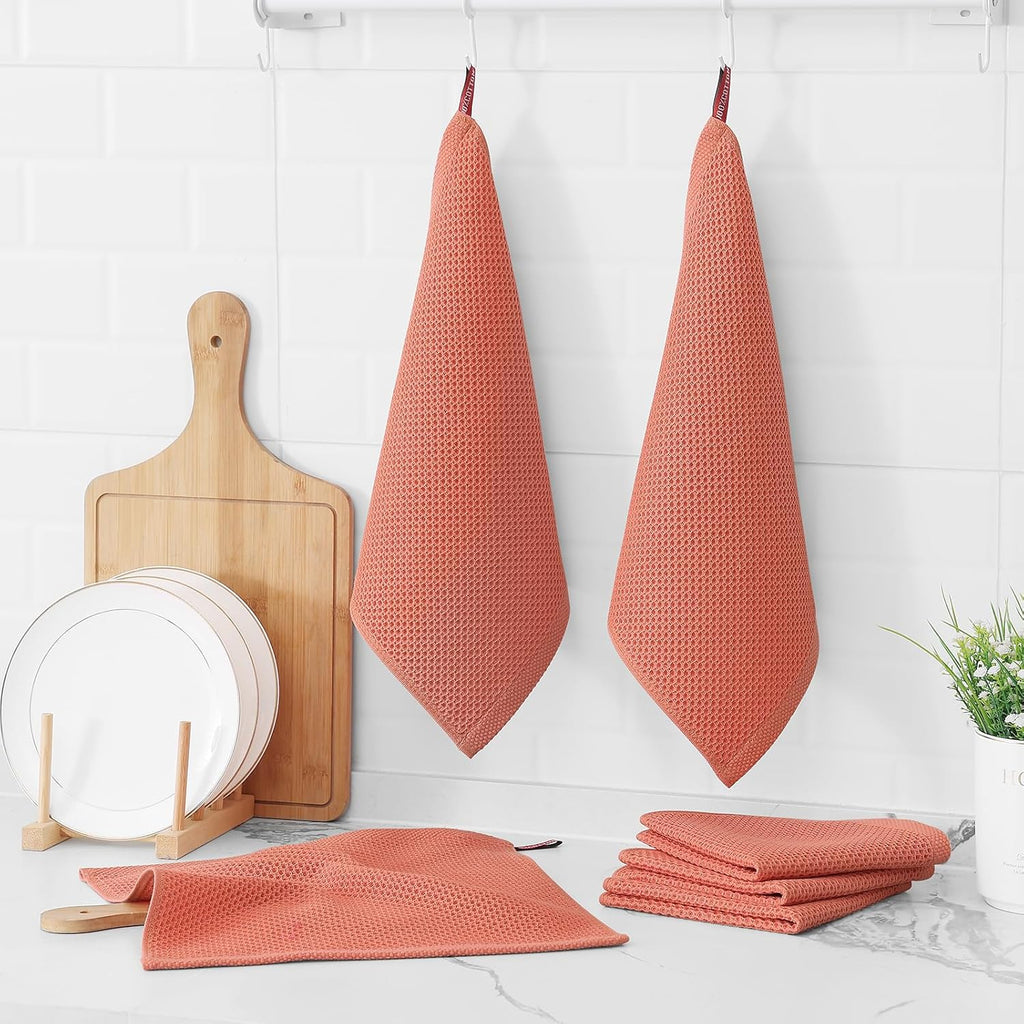 Kitinjoy 100% Cotton Kitchen Dish Cloths, 6 Pack Waffle Weave Ultra Soft Absorbent Dish Towels for Drying Dishes Quick Drying Kitchen Towels Dish Rags, 12 X 12 Inches, Coral