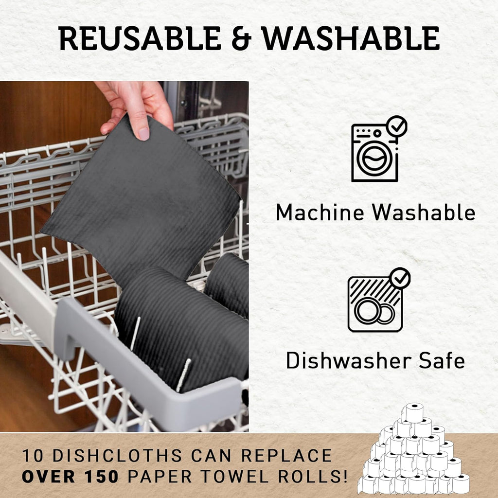Nordhus Design Swedish Dishcloths, Black Charcoal/Dark Grey, 10-Pack, Reusable, Washable Cellulose Cotton Kitchen Cloths - Replace Paper Towels, Wipes, Sponges, Dish Rags