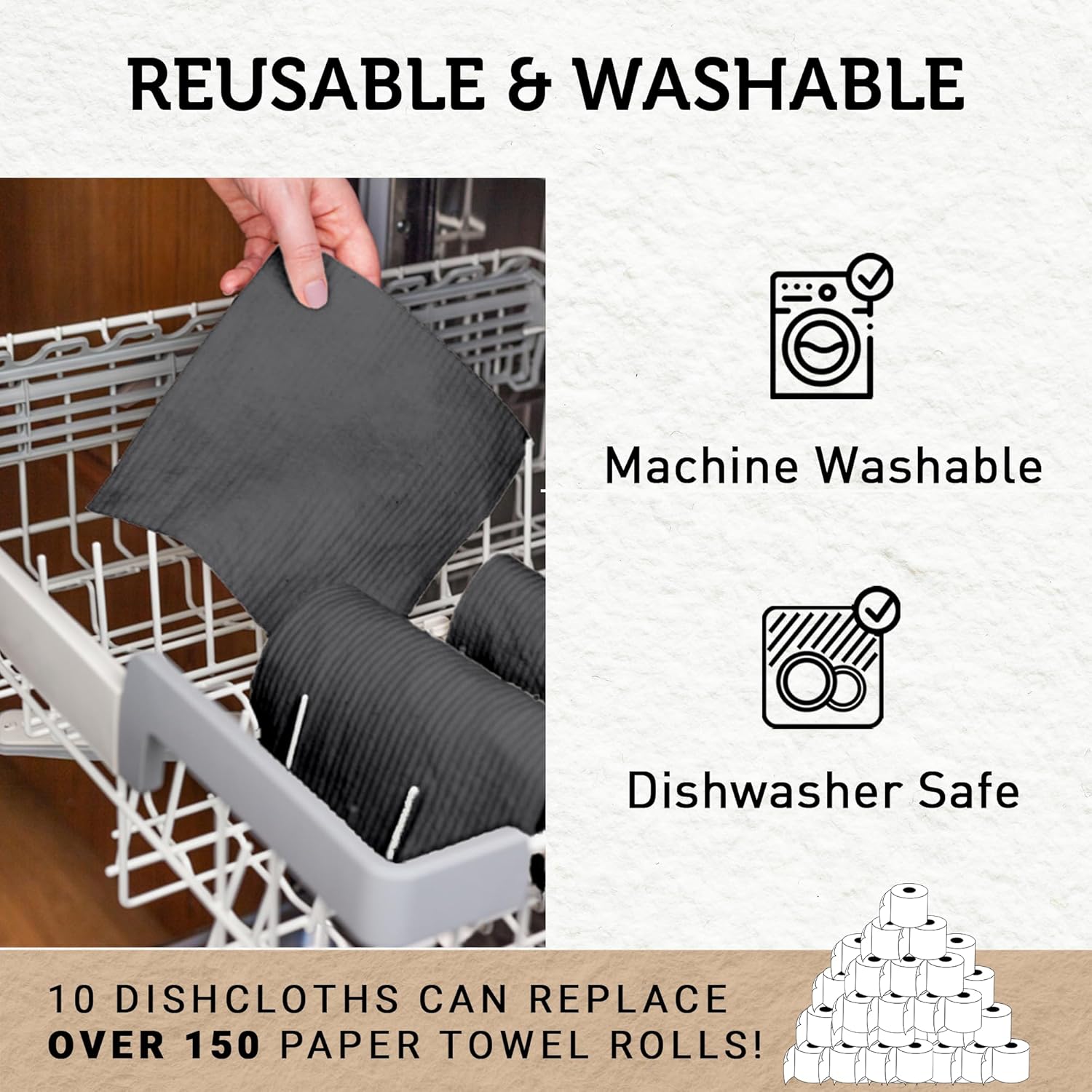 Nordhus Design Swedish Dishcloths, Black Charcoal/Dark Grey, 10-Pack, Reusable, Washable Cellulose Cotton Kitchen Cloths - Replace Paper Towels, Wipes, Sponges, Dish Rags