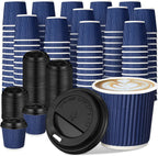 Uiifan 100 Set 4oz Disposable Espresso Cups with Lids Ripple Corrugated Paper Disposable Coffee Insulated Hot Ripple Cups for hot Chocolate, Tea, and Cocoa Drinks(Blue)