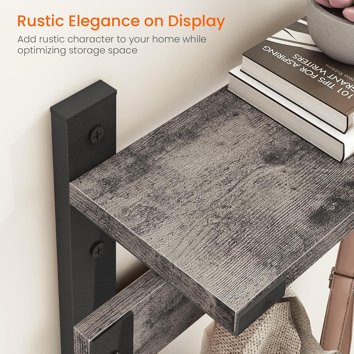 Homode Coat Rack Wall Mount with Shelf, 29 Inch Wood Wall Shelf with Hooks, Entryway Coat Hanger Wall Mount with 5 Hangers for Bathroom, Bedroom, Living Room, Grey