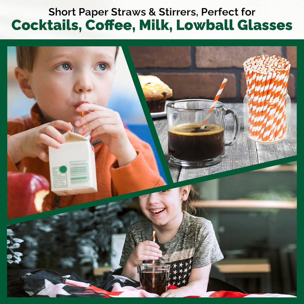 5.75 inch Orange Paper Cocktail Straws, Short Disposable Drinking Straws 500 Counts, Unwrapped - Compostable