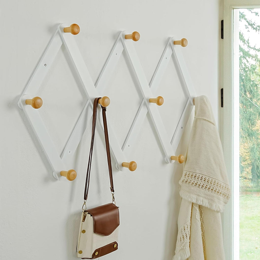 Dseap Expandable Coat Rack (Larger Version) - 24” High, Anti-Slip, Ultra Heavy Duty Wooden Accordian Wall Hanger with 10 Study Peg Hooks for Clothing Hats Jackets Bags, White & Natural