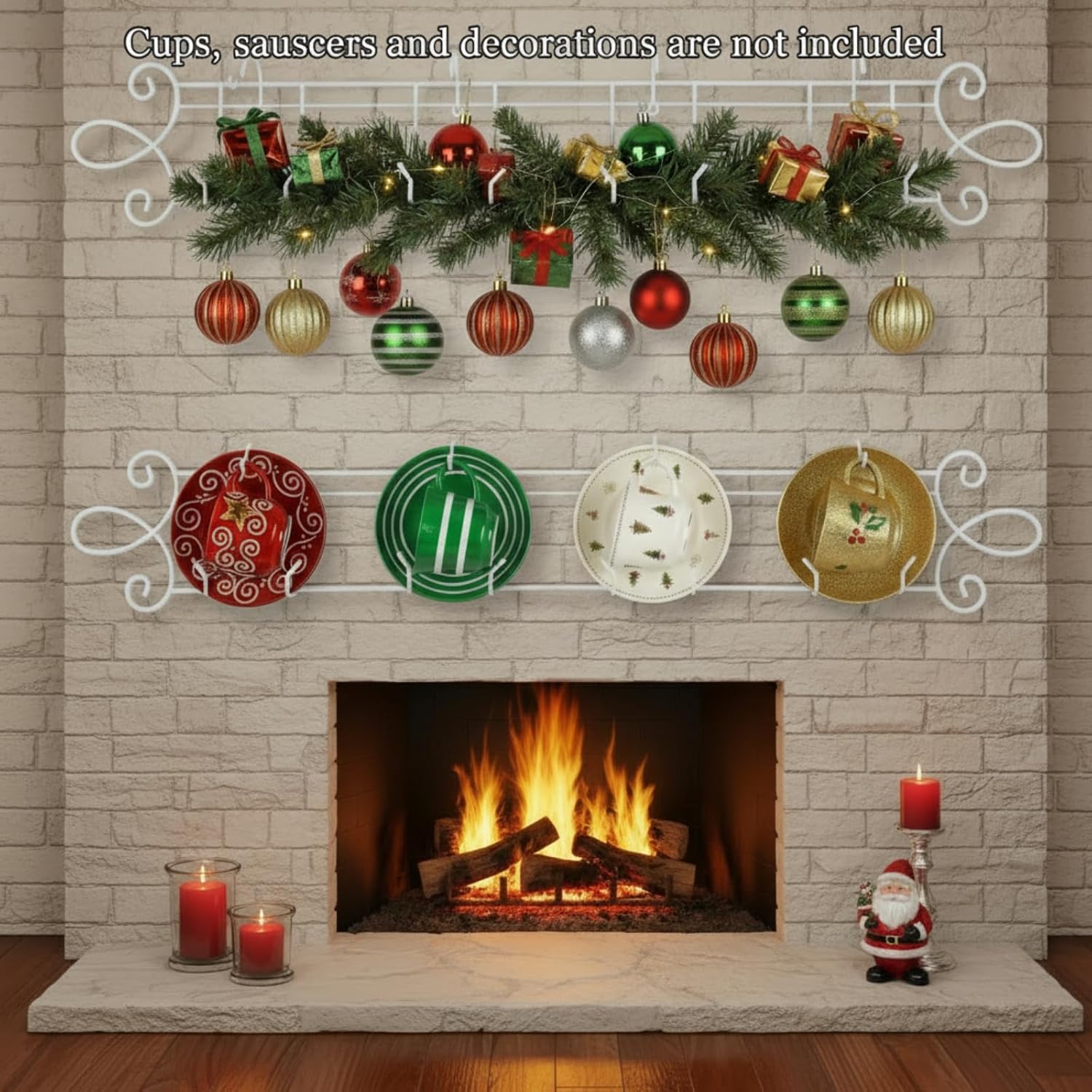 Blulu 2 Pcs 4-Tier Tea Cup & Saucer Display Stand - Horizontal Wall Mounted Organizer, Farmhouse White Brackets for Coffee Mugs/China Plates, Decorative Wall Plate Hangers, 45'' x 5.5''