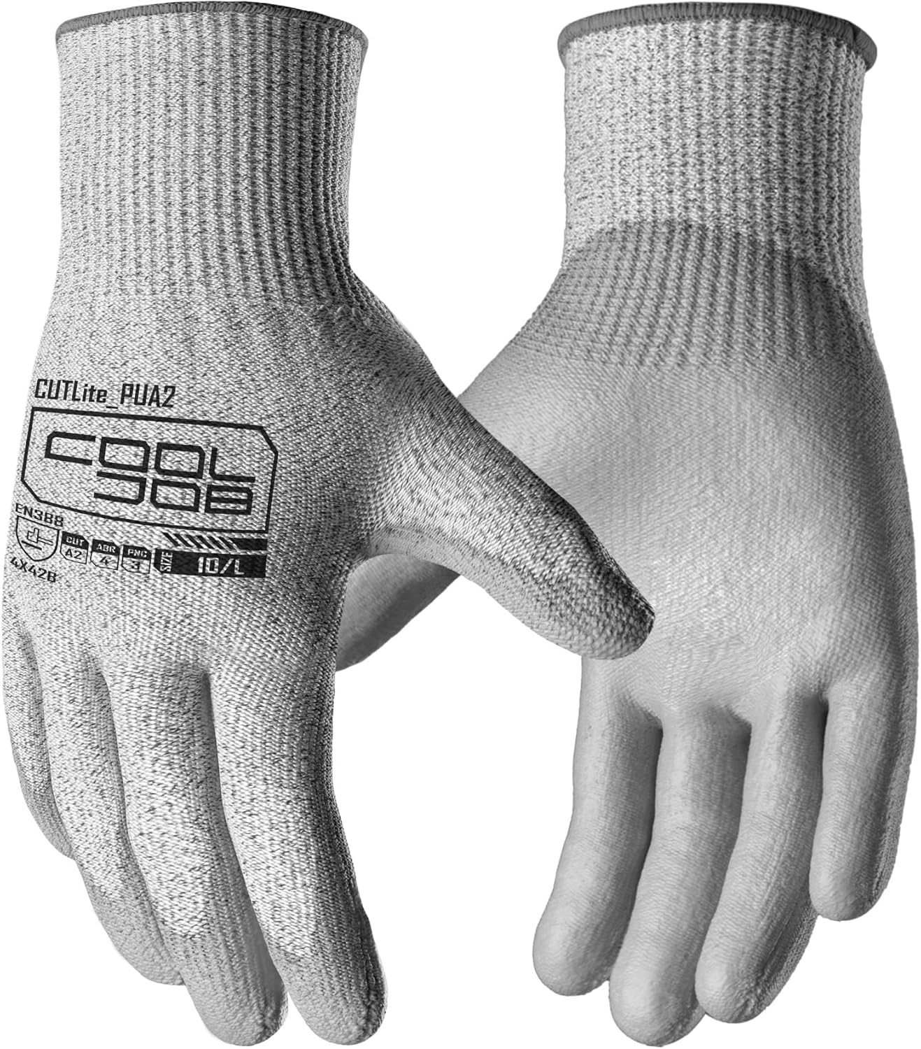 COOLJOB 12/120 Pairs Cut Resistant Safety Work Gloves with Grip, 13 Gauge Seamless Shell with PU Coating, ANSI A2 A4, Gray