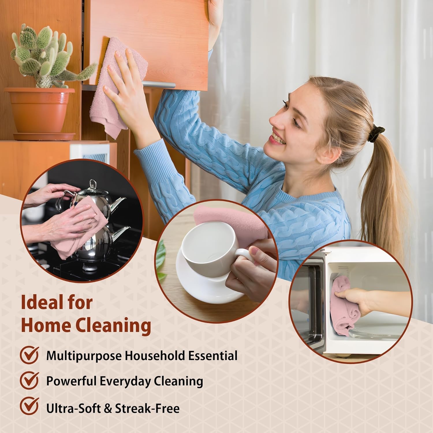 H4N Microfiber Cleaning Cloth Roll, 85 Pack Micro Fiber Wash Cloths for Car, Tear Away Towels, Ultra Absorbent Dish Rags, Non-Abrasive, Reusable and Washable Household Supplies, 11.81" x 11.81", Pink