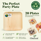 Chic Leaf Palm Leaf Disposable Bamboo Plates - Square Party Plates for Weddings, Parties, Event Appetizers - Biodegradable & Compostable - Party Supplies (8", 20 Pack)