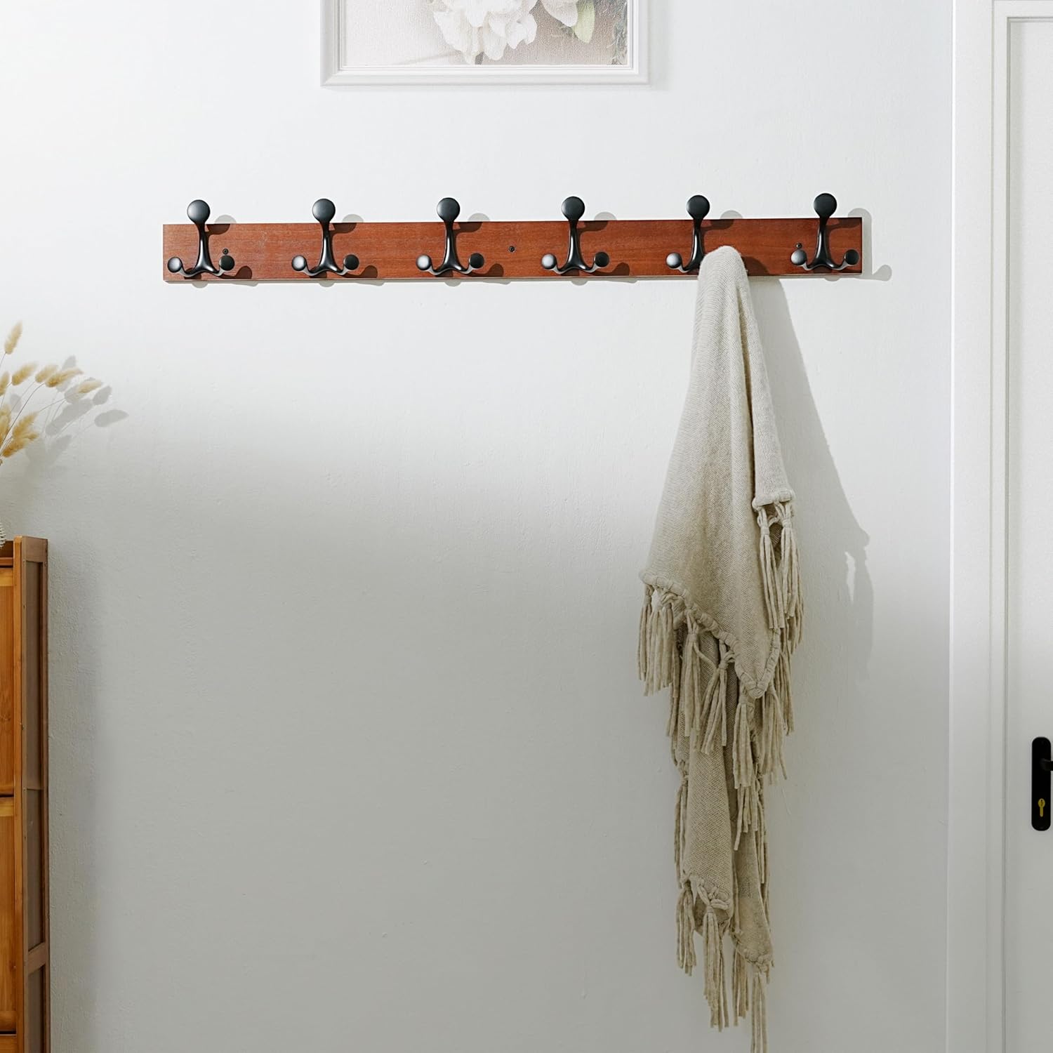 SKOLOO 39-Inch Cherry Wood Coat Rack Wall Mount with 6 Triple Hooks - Ideal for Family Entrances, Classrooms, and Pet Supplies Storage - Perfect Coat Hooks for Wall