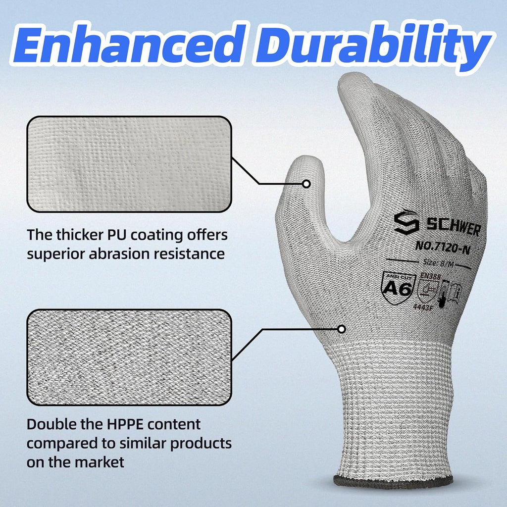 Schwer 180 Pairs ANSI A6 Cut Resistant Gloves CR7120 Cut Proof Work Gloves, Touchscreen, for Men and Women Used for Woodworking, Glass Cutting, Construction, Cargo Handling, Car Repair, L