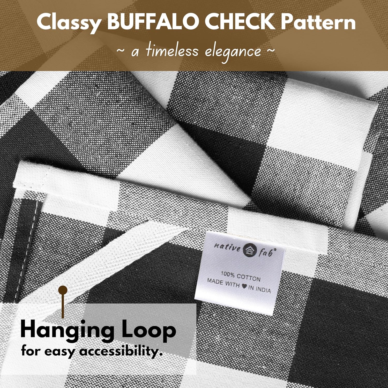 Native Fab 6-Pack Kitchen Towel with Hanging Loop 16x26 inches, Cotton Buffalo Check Kitchen Towels for Cleaning Drying, Washcloths Soft & Absorbent Cloth Rags, Bar Towel, Dish Cloth, Black