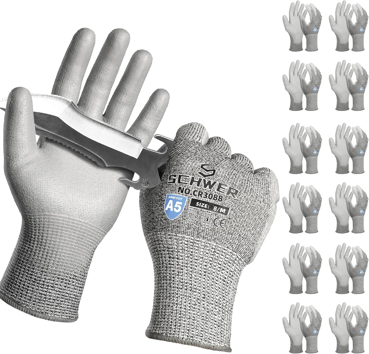 Schwer 240 Pairs ANSI A5 Cut Resistant Work Gloves, Cut Proof Gloves with PU Coating, Used for Metal Fabrication, WoodWorking, Construction, Non Slip, Durable, M, CR3088