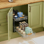 Pull Out Cabinet Organizer(11" W x 21" D), 2 Tier Wire Basket Slide Out Shelf Storage with Wood Handle, Pull Shelf Drawers for 12-1/4” Cabinet Opening, Chrome