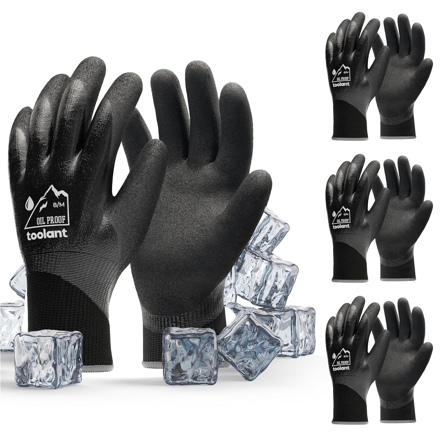 Waterproof Gloves Bulk Pack for Men and Women, 3 Pairs, Freezer Gloves with Grip, Double Nitrile Dipped for Extreme Oil Repellent, for Construction, Mechanics, Mining, Plumbing, Black, Medium