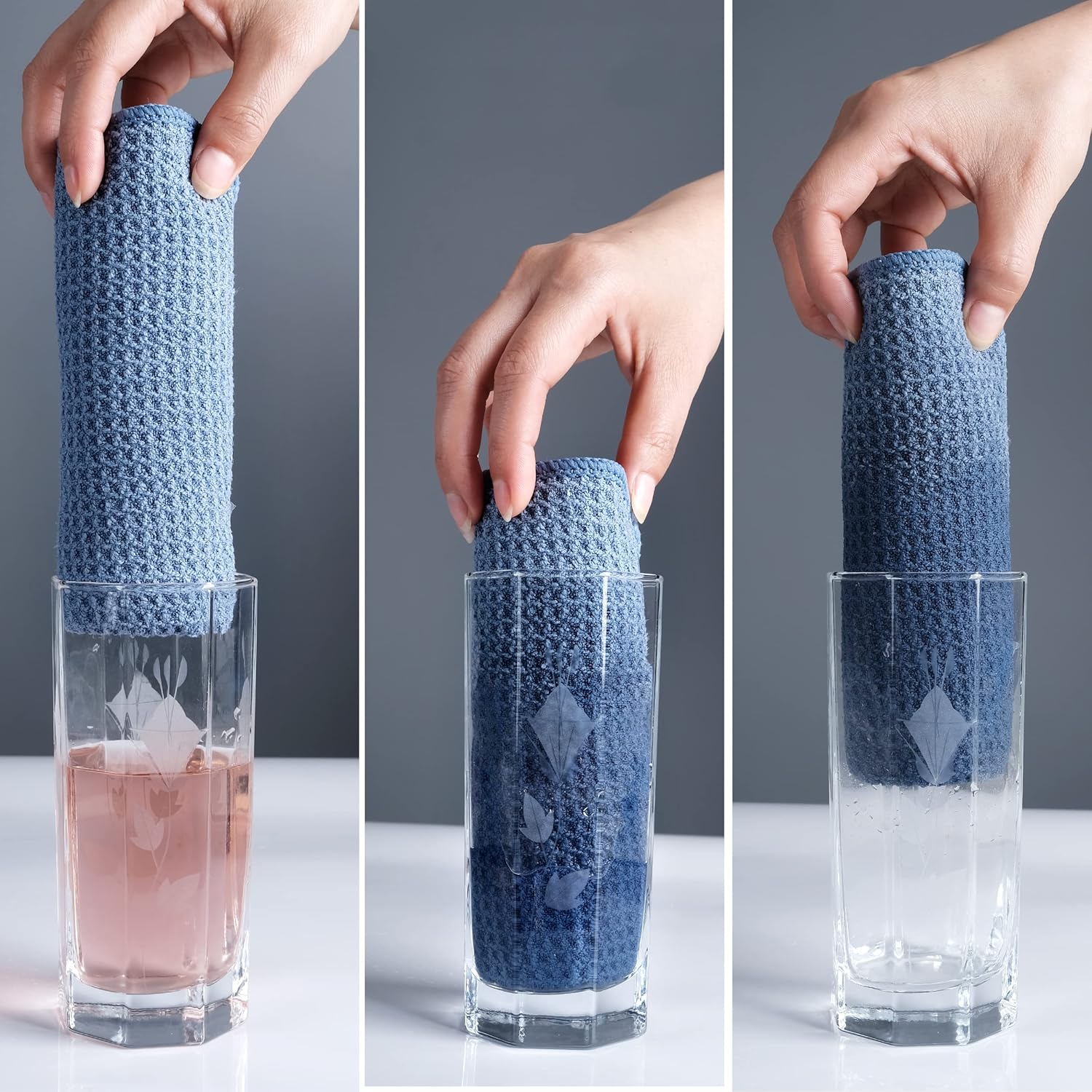 POLYTE Premium Microfiber Kitchen Dish Cloth Waffle Weave 12 Pack (12x12 in, Dark Blue, Gray, Off White)