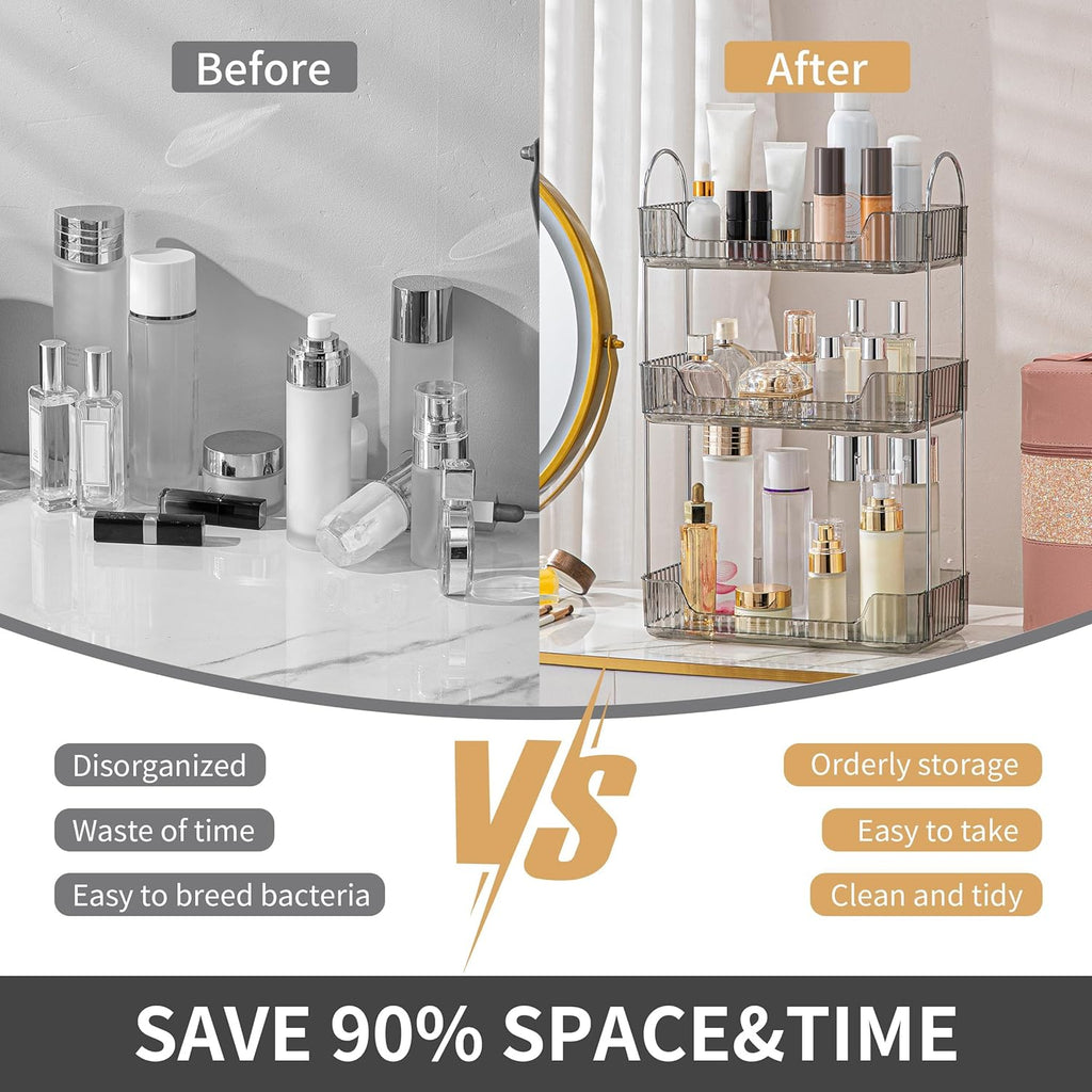 YCIA&DONE Bathroom Organizer Countertop, Makeup Storage, Skincare Cosmetic Tray Shelf, Perfume Holder Rack for Vanity Counter, Large Capacity, Easy to Install, Clean, 3 Tiers, Smoky Gray