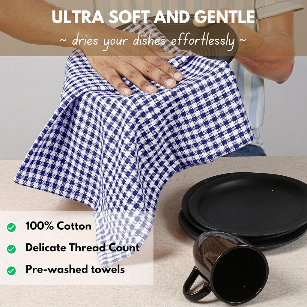 Native Fab Gingham Dish Towels 16x26 inches Set of 4 - Absorbent Washable Dishcloths, Dish Towels for Quick Drying Dishes, Kitchen Hand Towels with Hanging Loop, Blue White