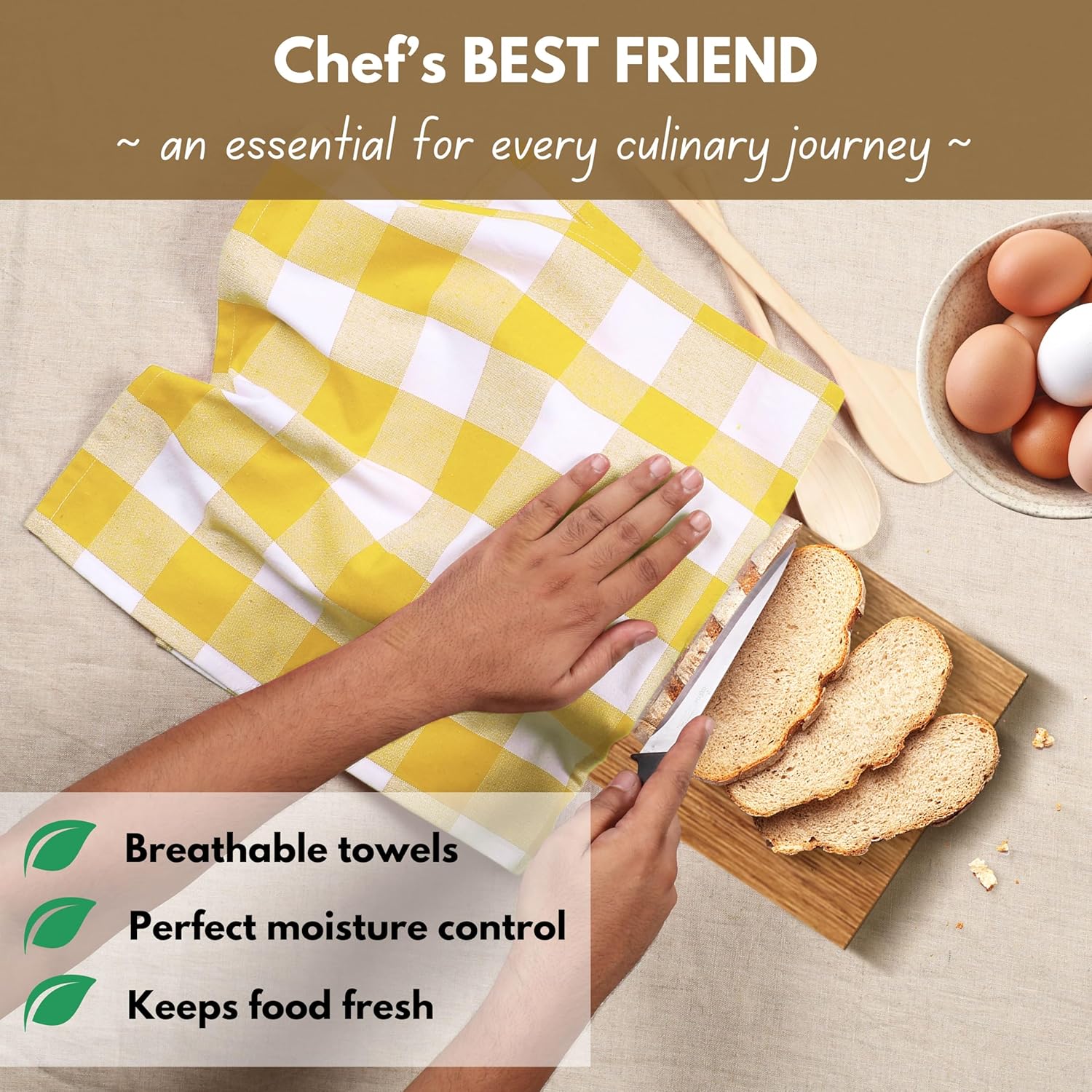 Native Fab Yellow Buffalo Dish Towel 16"x26", Set of 6 - Cotton Plaid Towels, Soft Absorbent Dishcloths with Hanging Loop, Kitchen Towels for Quick Drying - Yellow White