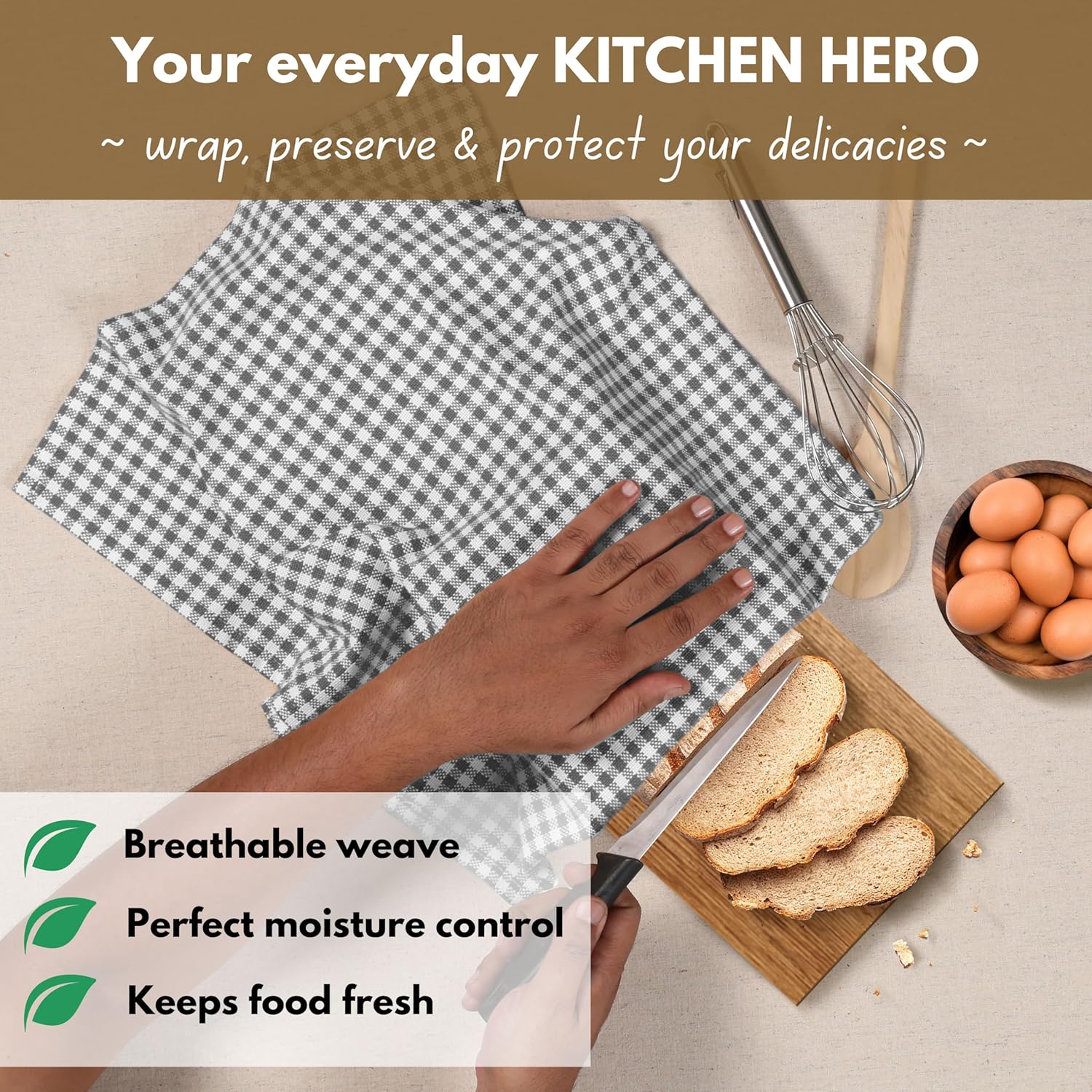 Native Fab 12 Pack Gingham Mini Check Kitchen Dish Towel Cotton Durable Washable 16"x26" - Tea Towels, Soft Absorbent Wash Cloths, Multi Purpose Towels with Hanging Loop - Grey White