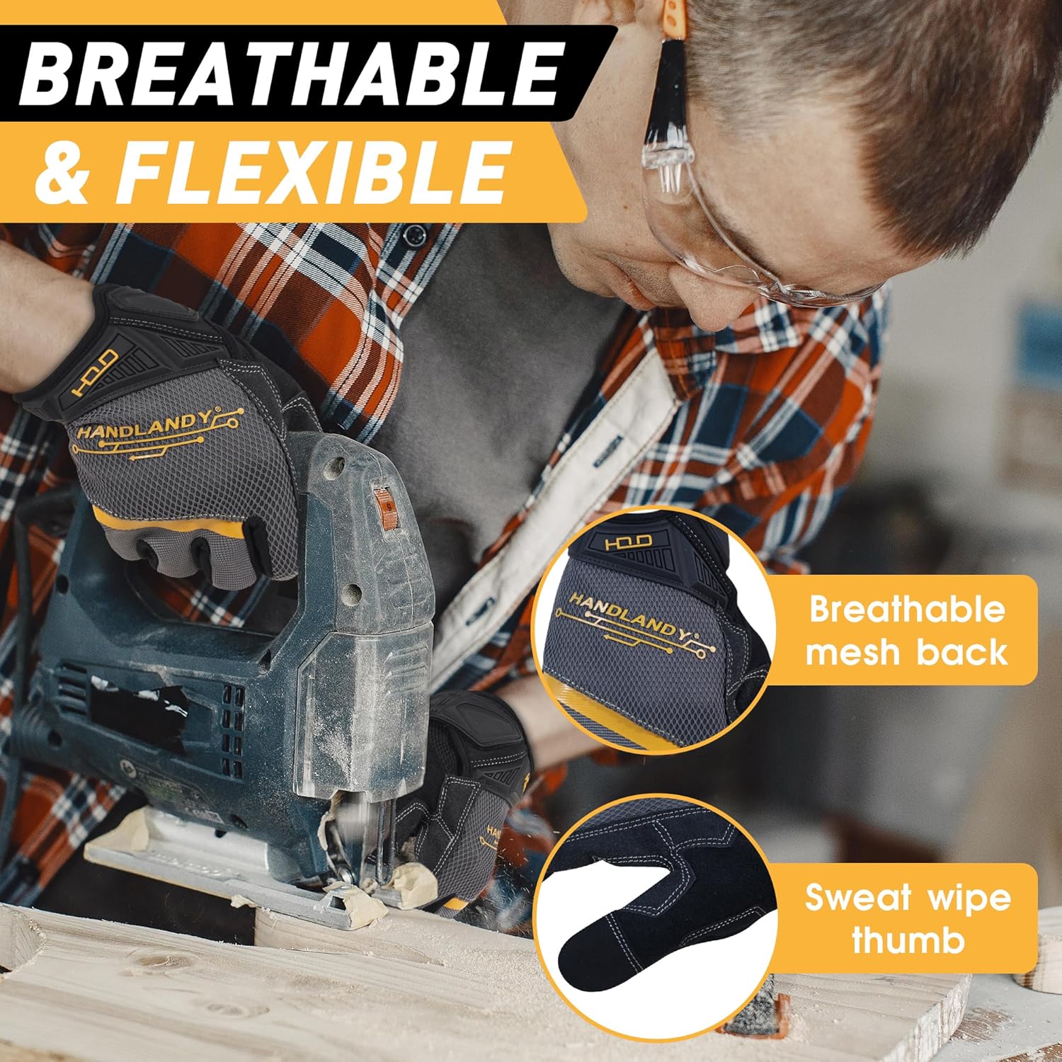 HANDLANDY Work Gloves for Men & Women, Utility Mechanic Working Gloves Touch Screen, Flexible Yard Work Gloves