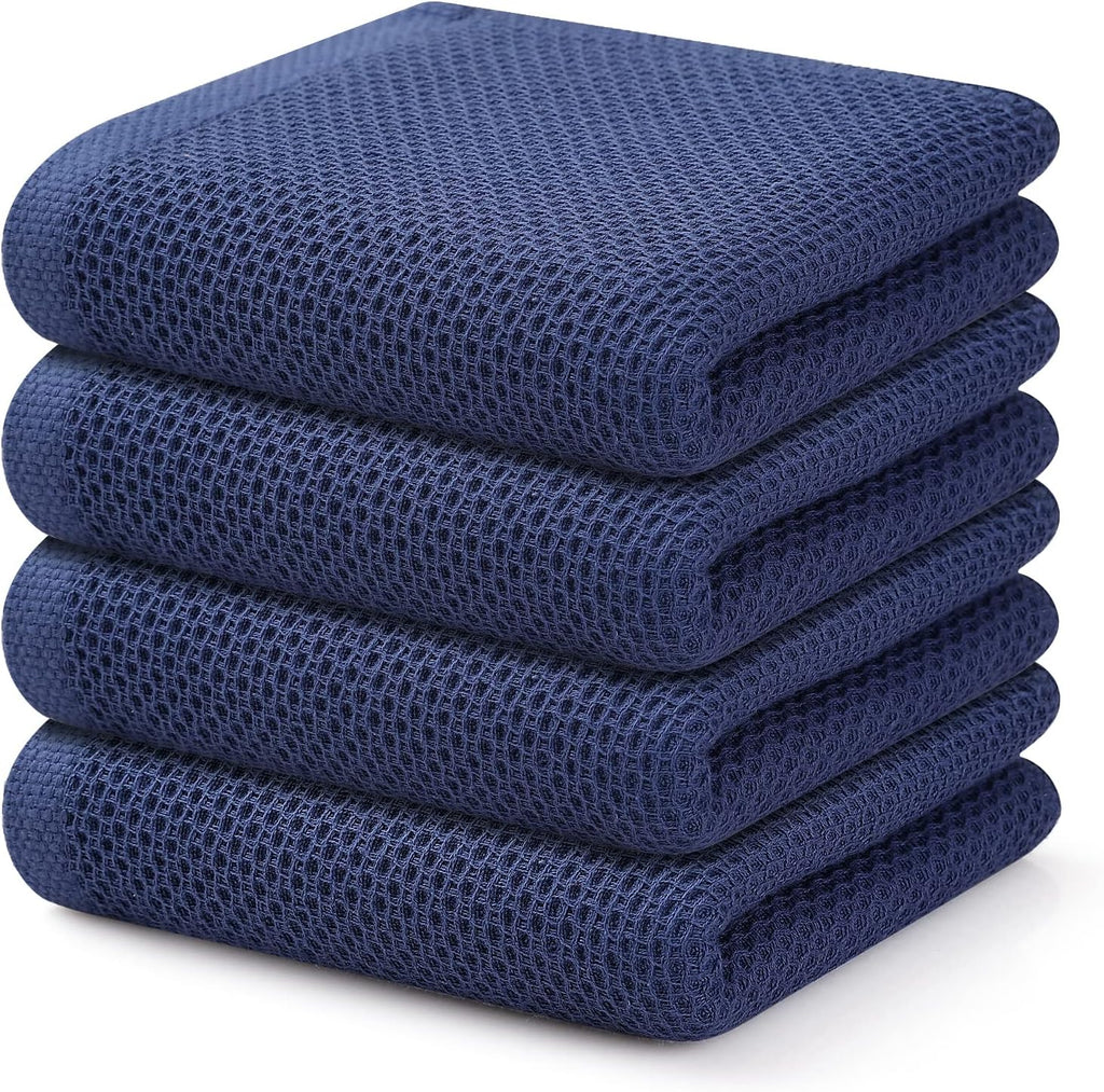 Kitinjoy 100% Cotton Waffle Weave Kitchen Towels, 4-Pack Super Soft and Absorbent Dish Towels for Drying Dishes, Kitchen Hand Towels, 13 in x 28 in, Navy Blue