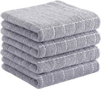 Homaxy 100% Cotton Terry Kitchen Towels(Light Grey, 13 x 28 Inches), Checkered Designed, Soft and Super Absorbent Dish Towels, 4 Pack