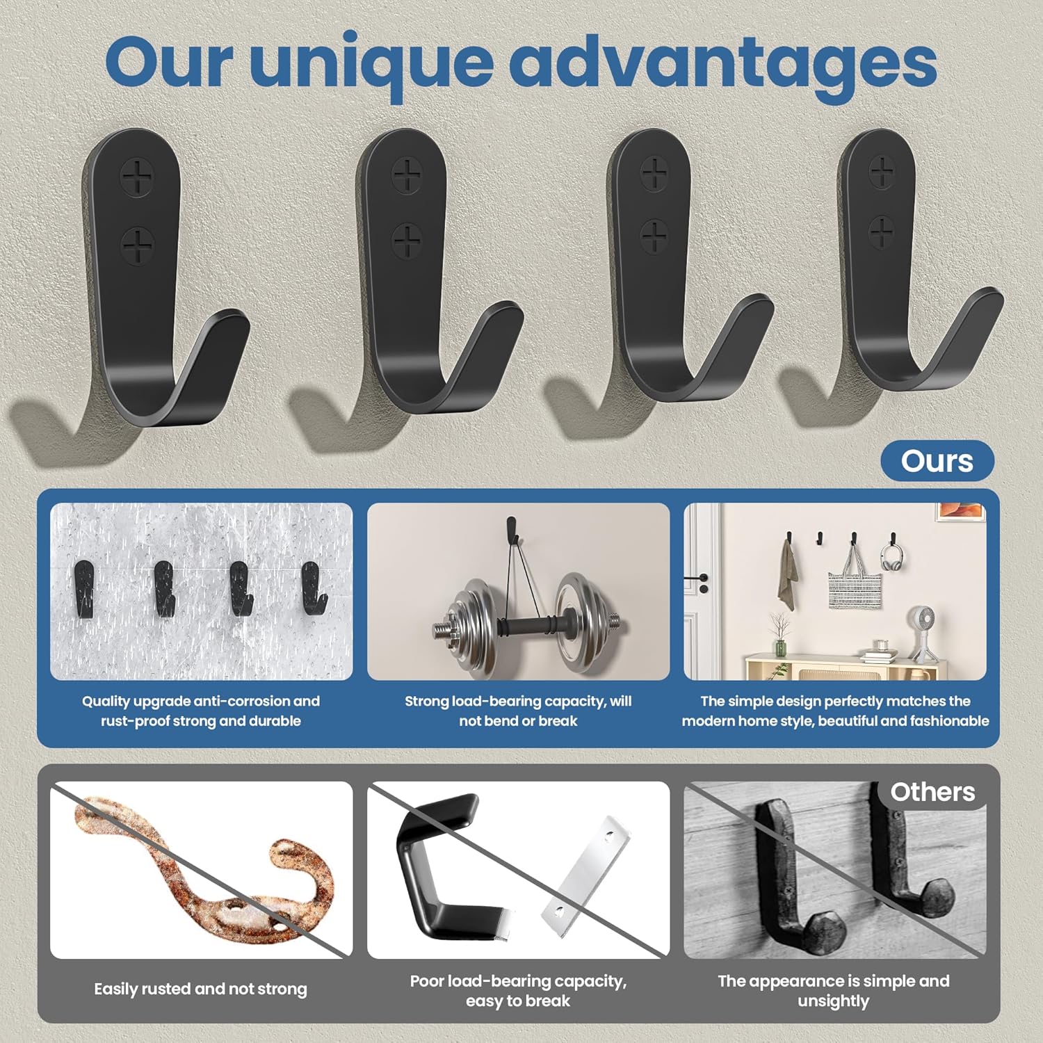 10PCS Wall Hooks - Coat, Backpack & Hanging Hooks for Bathroom, Bedroom, Entryway