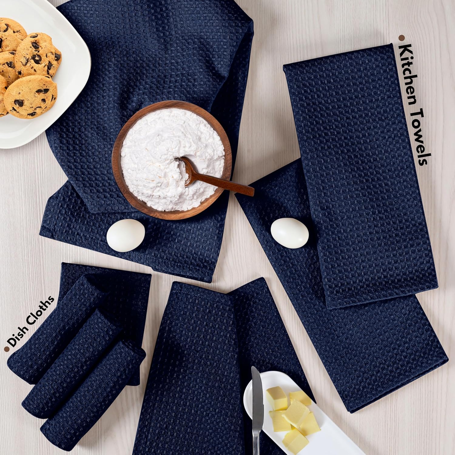 Native Fab 8 Piece Towel & Dish Cloth Set - 100% Cotton, Absorbent, Quick Drying, Durable Towels for Cleaning, Cooking, Baking - Great for Home, Kitchen, Bars & Everyday Use - Navy Blue
