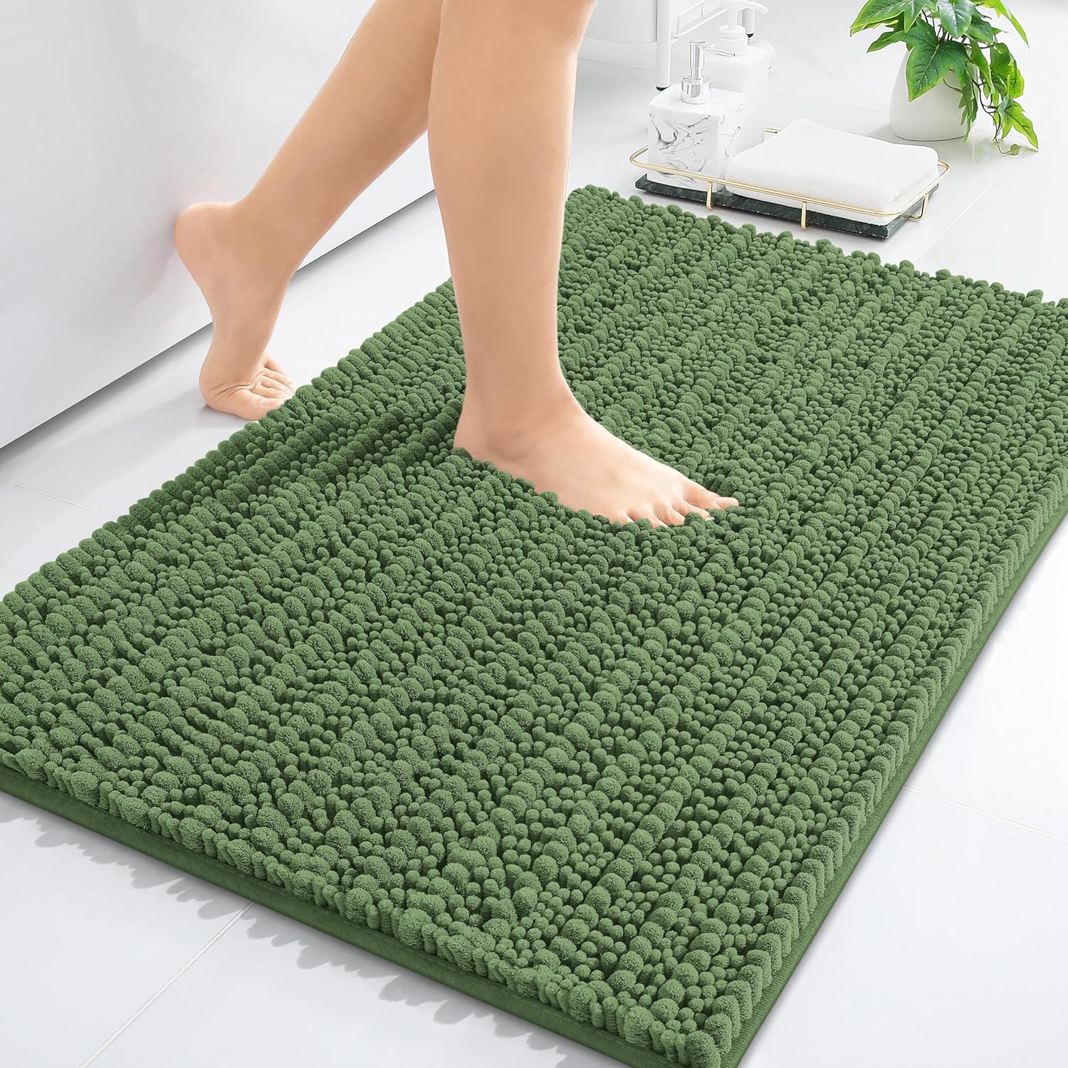 Arotive Luxury Chenille Bathroom Rug Mat, Extra Soft Thick Absorbent Shaggy Bath Rugs, Non-Slip Machine Wash Dry, Plush Bath Mats for Bathroom, Shower and Tub, 30x20, Olive Green