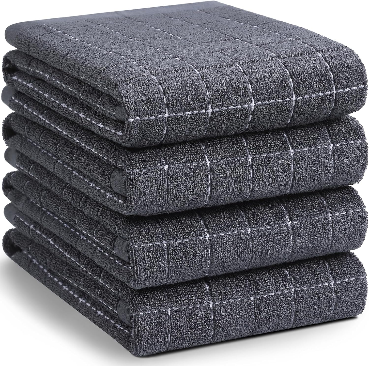 Homaxy 100% Cotton Terry Kitchen Towels(Dark Grey, 20 x 28 inches), Checkered Designed, Soft and Super Absorbent Dish Towels, Large 4 Pack