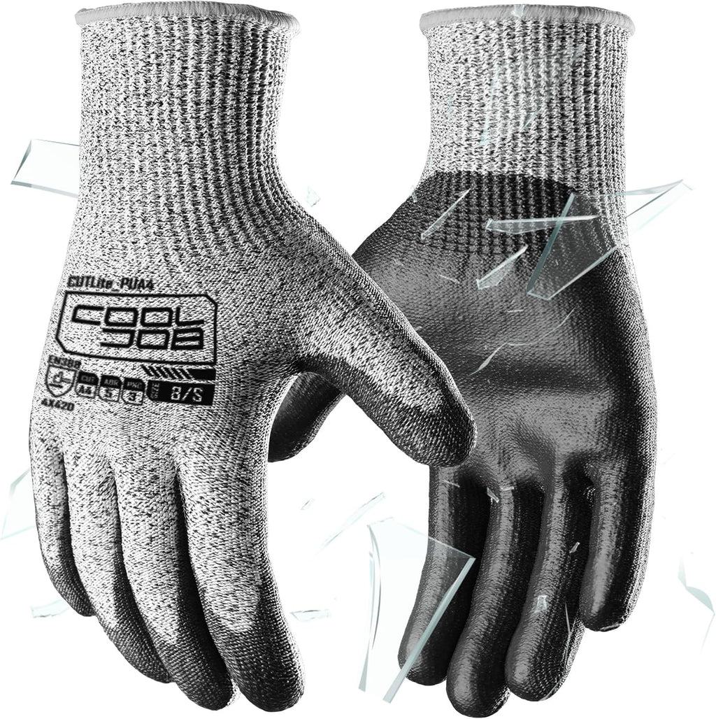 COOLJOB 12/120 Pairs Cut Resistant Safety Work Gloves with Grip, 13 Gauge Seamless Shell with PU Coating, ANSI A2 A4, Gray
