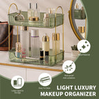 YCIA&DONE Bathroom Organizer Countertop, Makeup Storage, Skincare Cosmetic Tray Shelf, Perfume Holder Rack for Vanity Counter, Large Capacity, Easy to Install, Clean, 2 Tiers, Vintage Green