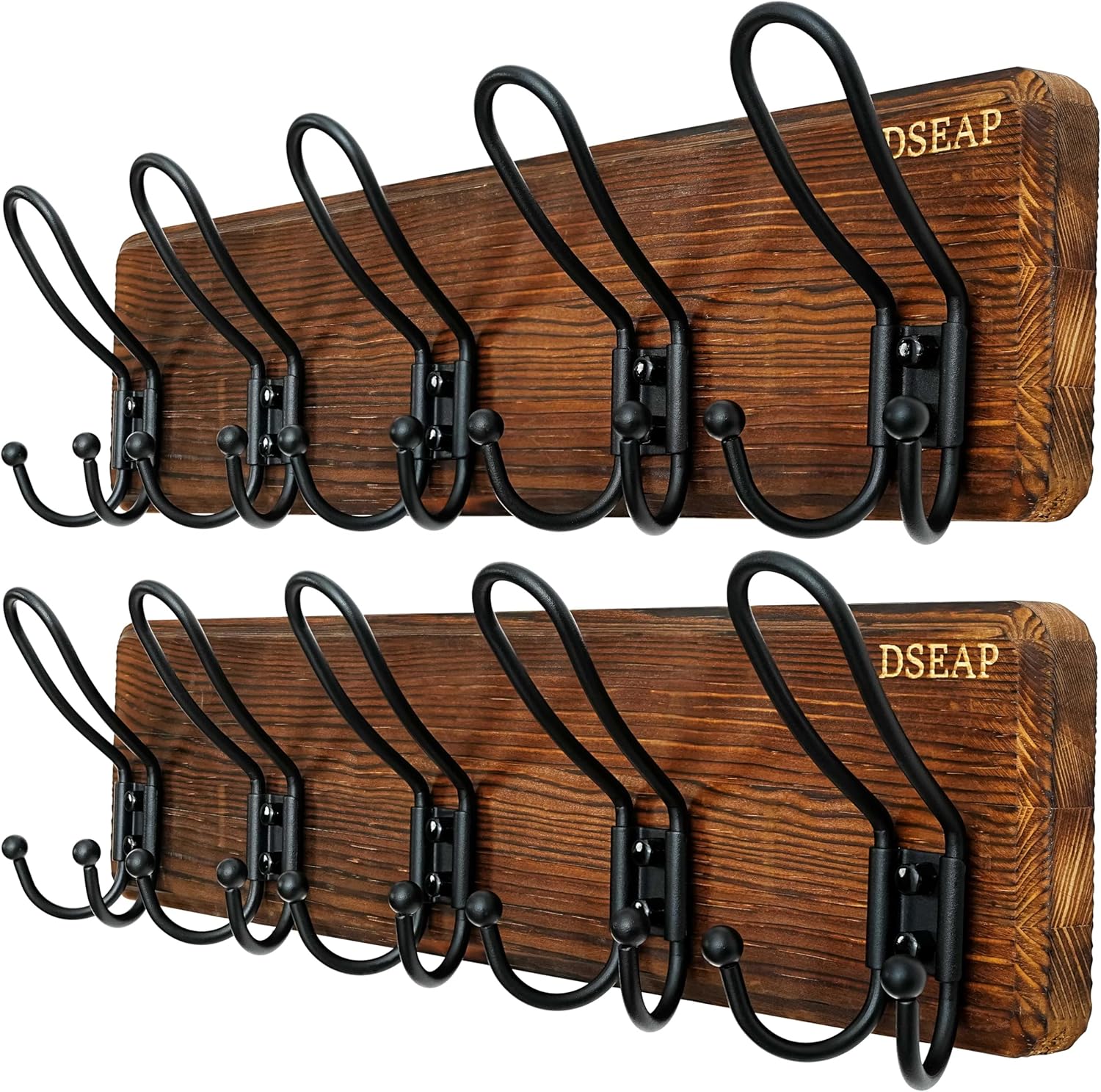 Dseap Coat Rack Wall Mounted - Heavy Duty Farmhouse Rustic Wall Coat Hanger with 5 Wire Hooks for Clothes Hat Jacket Towel, RusticWire, J1-5A, Rustic Brown & Black, Pack of 2