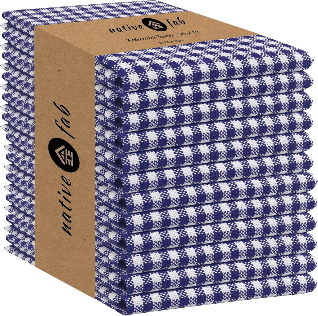 Native Fab 12 Pack Gingham Mini Check Kitchen Dish Towel Cotton Durable Washable 16"x26" - Tea Towels, Soft Absorbent Cleaning Towels, Hand Towel with Hanging Loop - Blue White